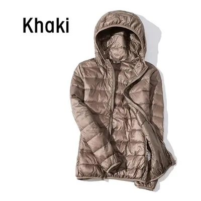 (khaki, XL) Women Autumn White Duck Down Jacket Coat Windproof Hooded Warm Casual Winter M-5xl