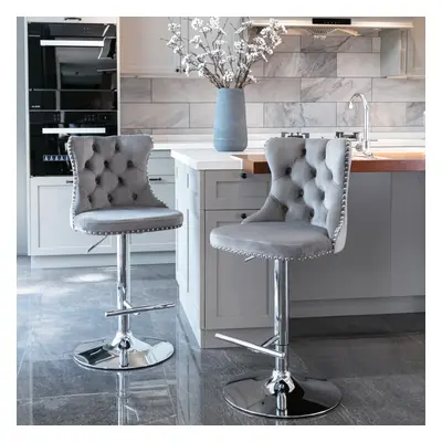 (Set of 2, Grey) Luxury Velvet Swivel Kitchen Breakfast Bar Stools