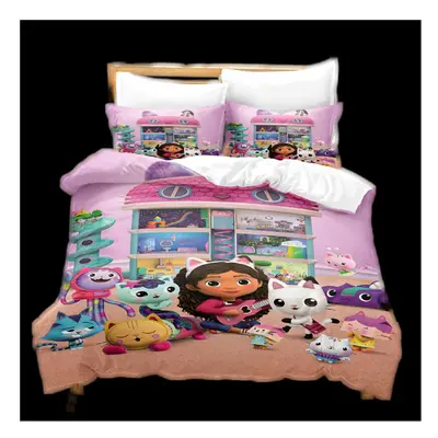 (Family, 220*240cm/86.6*94.5in) Gabbys 3pcs Dollhouse Cartoon Print Children Bed Duvet Set Quilt