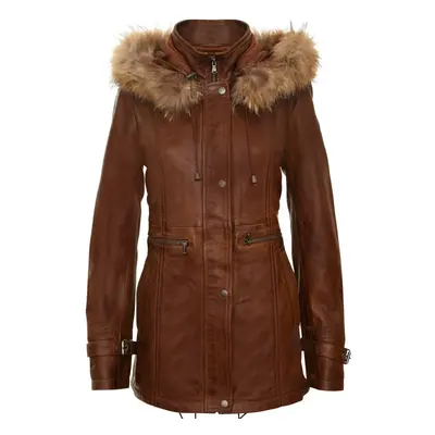 (3XL) Womens Tan Leather Detachable Hooded Parker Coat