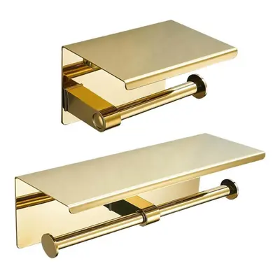 Double Roll Toilet Paper Holder with Phone Shelf, Stainless Steel Gold, Bathroom Tissue Holder W