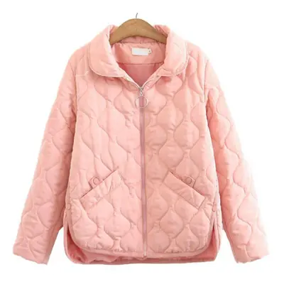 (pink, 2XL) Plus Size Women&apos;s Clothing Autumn/winter Lapel Coat Solid Color Long-sleeved Ja