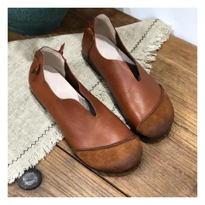 (auburn, 35) Johnature Retro Genuine Leather Women Soft Sole Flats Shoes Handmade Casual Shallow