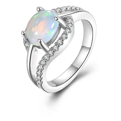 (white, us ring size 7#) New Arrival Natural Ethiopia Colorful Opal Ring Real Gemstone Oval 6*8m