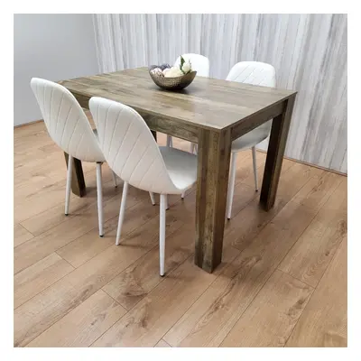 Wooden Dining Table with white Gem Patterned Chairs Rustic Effect Table with white Chairs