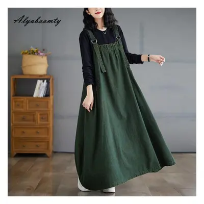 (green, XXL) Korean Style Autumn Winter Women Plus Size Midi Sundress Suspenders Brown Blue Gree