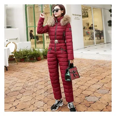 (wine red, XXL) One Piece Ski Suit Women Jackets Winter Fur Collar Hooded Parka Jumpsuit Cotton 