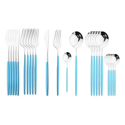 (blue,silver, 24pcs) 24pcs Black Handle Golden Cutlery Set Stainless Steel Knife Fork Spoon Tabl