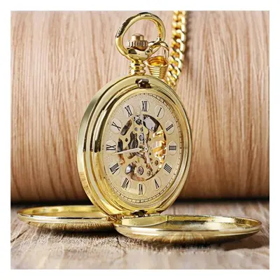 (gold) Vintage Pocket Watches For Men Hollow Gold Color Case Pocket Watch With Chain Roman Scale