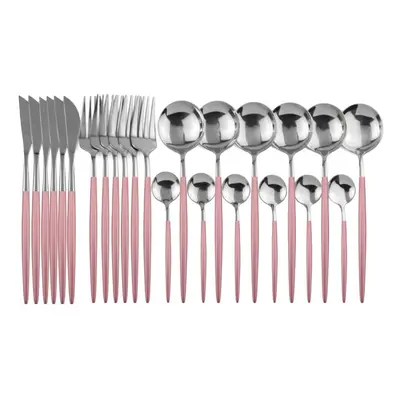 (pink,silver) 24pcs Black Gold Dinnerware Set Stainless Steel Cutlery Set Kitchen Fork Knife Spo