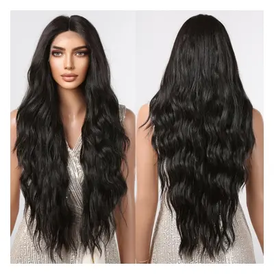 (black, 72cm) Women&apos;s Simulated Wig 72cm Hair Black Wig Long Curled Wig T-shaped Front Lace