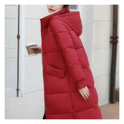 (red, XXL) Korean Fashion Stand Collar Hooded Warm Hem Knee-length Puffer Jacket Women Winter Co