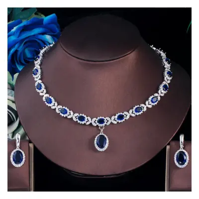 (sapphire) Cmm Fashion White Gold Color Cubic Zirconia Drop Earrings Necklace Set