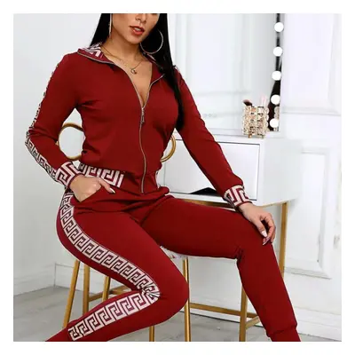 (red, M) Tracksuits Women Elegant Two-pieces Suit Sets Female Stylish Plus Size Greek Fret Print