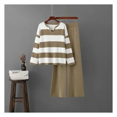 (beige, One Size) Two-piece Sets Vintage Elegant V-neck Long-sleeved Contrast Striped Knit Sweat