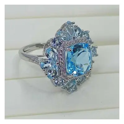 (blue, Open) Sacegems Sterling Silver 10mm Natual Swiss Blue Topaz Gemstone Rings For Women Enga