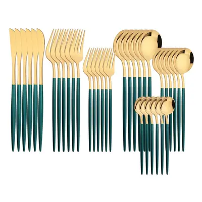 (green,gold) 36pcs Gold Dinnerware Cutlery Set Knife Dessert Fork Coffee Spoon Tableware Western