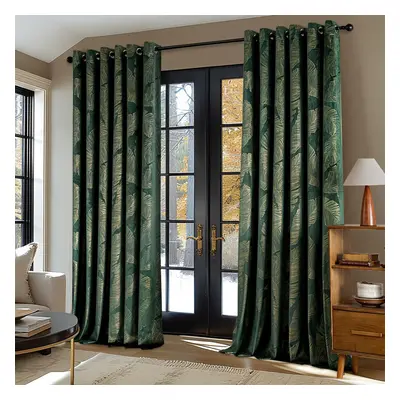 (W 89.8" x 89.8" (2 Panels), Dark Green) Curtains with Gold Foil Leaves Pattern, Pieces Dark Gre