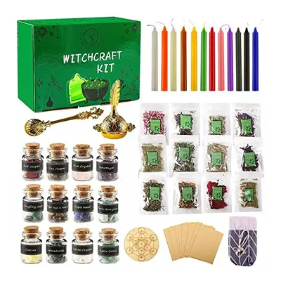 Witchcraft Supplies Kit, Pack Witch Starter Tools, Colored Candles, Healing Crystals, Hay, Parch