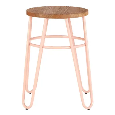 Pink Metal and Elm Wood Round Stool, Small Hairpin Stool, Versatile Metal Stool for Home, Office