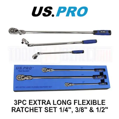 US PRO Tools 3pc Extra Long Flexible Ratchet Set 1/4", 3/8" & 1/2" Drive