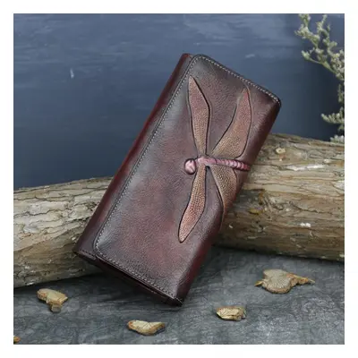 (brown) Johnature Cowhide Wallet Genuine Leather Long Women Purse Handmade Prints Butterfly-knot