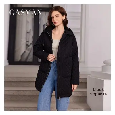 (black, XXXL) Gasman Women Down Jacket Mid-length Classic Zipper Design Big Pocket Stand Collar 