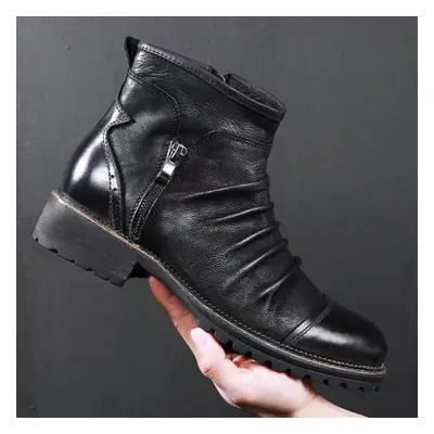 (black, 39) Winter Men Leather Boots Zipper Casual Ankle Boot Breathable Men Motorcycle Boots Sh