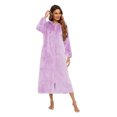 (purple, M) Women&apos;s Zip Up Plush Fleece Robe Hooded Warm Long Bathrobe Dressing Gown Winter