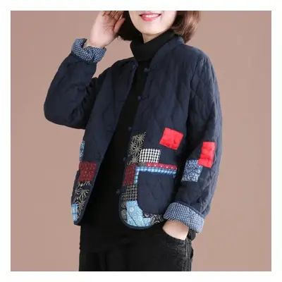 (blue, XXL) Women Casual Quilted Jackets Arrival Autumn Winter Vintage Style O-neck Print Loose 