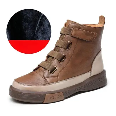 (khaki, 39-Plush) Genuine Leather Ankle Shoes Women Boots Round Toe Zip Winter Sewing Leisure Ha