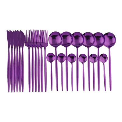 (purple) 24pcs Black Gold Dinnerware Set Stainless Steel Cutlery Set Kitchen Fork Knife Spoon Ta