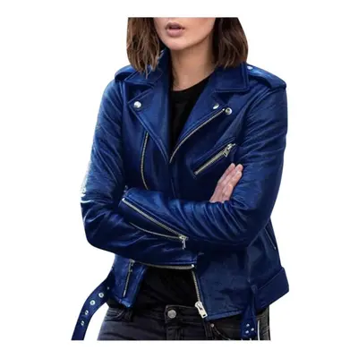 (navy blue, L) Autumn Short Jacket Solid Female Moto Biker Jackets Thin Ladies Cool Faux Leather