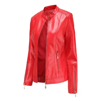 (red, XXL) Women Spring Autumn Stand Collar Long Sleeve Zipper Thin Leather Pu Jacket S-4xl