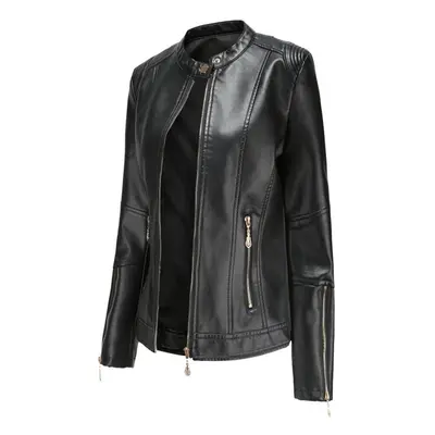 (black, S) Women Spring Autumn Stand Collar Long Sleeve Zipper Thin Leather Pu Jacket S-4xl