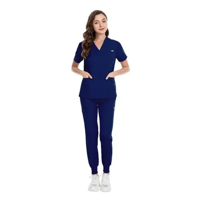 (navy blue, S) Men&apos;s And Women&apos;s V-neck Short Sleeved Surgical Suit Hospital Nurse Sui