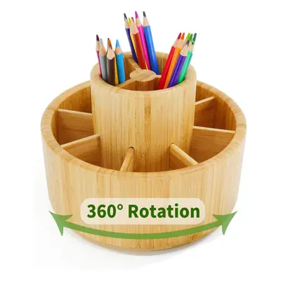 Utoplike Bamboo Rotating Pencil Holder, Office Desk Art Supplies Organisers, Wooden Desktop Pen 