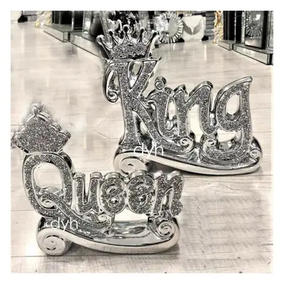 SILVER CRUSHED DIAMOND SPARKLY CROWN KING QUEEN ORNAMENT SHELF SITTER BLING