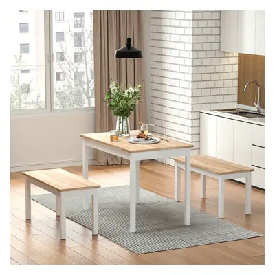 (White) Wooden Dining Table and Benches Seat Set