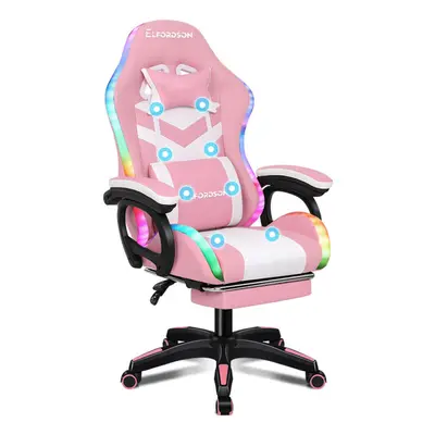 (Pink) ELFORDSON Gaming Office Chair RGB LED Massage Footrest