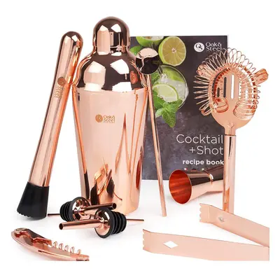 10 Pcs Rose Gold Stainless Steel Cocktail Making Kit Recipe Book - Copper Mixology Gift Set