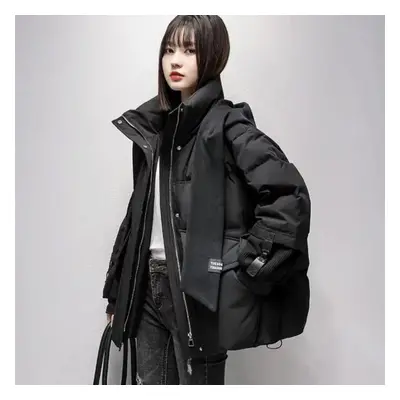 (black, XXL) Thickened Winter Students&apos; Hooded Cotton-padded Jacket Short Warm Coat With Sc