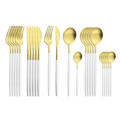 (white,gold) 24pcs Gold Matte Cutlery Set Stainless Steel Dinnerware Set Silver Knife Fork Spoon