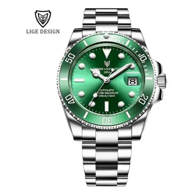 (silver,green) Lige New Watch Men Automatic Mechanical Tourbillon Clock Fashion Sport Diving Wat