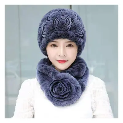 (blue, one size) Winter Women Rabbit Fur Winter Warm Hat Scarf Set