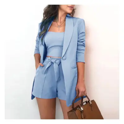 (blue, XL) Tbeeeestt Women Pieces Set Tracksuit Loose Blazer & Bow Elastic Waist Short Pant Vest