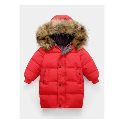 (red, 150cm) Big Fur Collar Children&apos;s Down Jacket Boy&apos;s Cotton Coat Mid-length Girls&