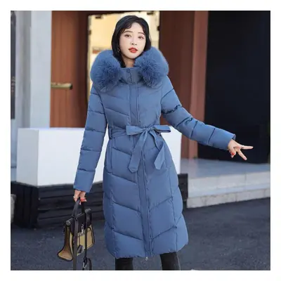 (blue, XXL) Thick Fur Collar And Long Over-the-knee Down Jacket Floral Coat