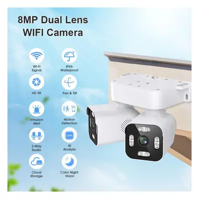 (white, camera+128GB) Aiook Outdoor Waterproof Dual Ptz Wifi Hd Dual Lens 8mp 4k Dual Lens Night