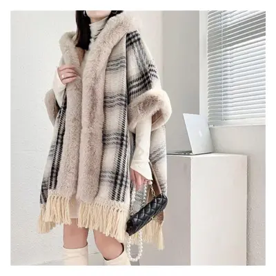 (gray, One Size) Cardigan Fur Collar Hooded Cape Female Autumn And Winter Women Coat Languid Tas